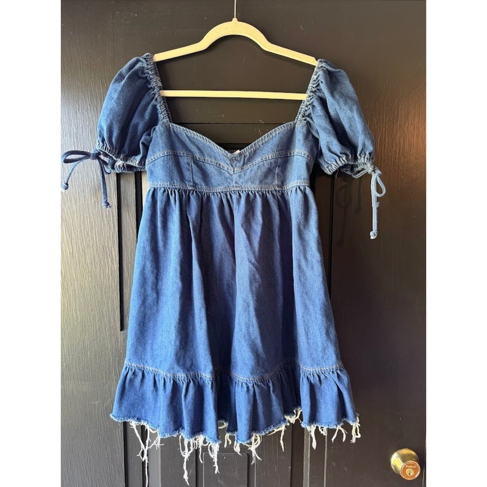 Olivaceous Blue Denim Puff Sleeve Babydoll Mini Dress Frayed Hem Sweetheart Neck - Picture 2 of 10